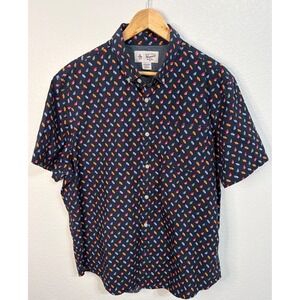 Original Penguin Mens XL Seashell Print Short Sleeve Button Down Shirt Navy Blue
